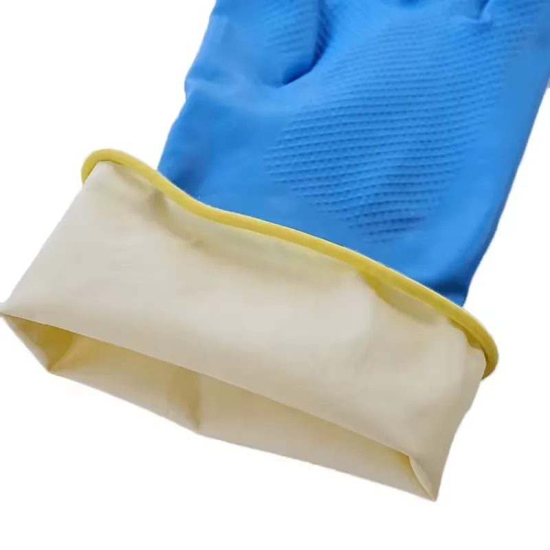 Bi-Color Double Color Blue & Yellow Household Latex Gloves Luvas Guantes Dip Flock Liner Fishscale Grip Roll Cuff.guantes Largos0