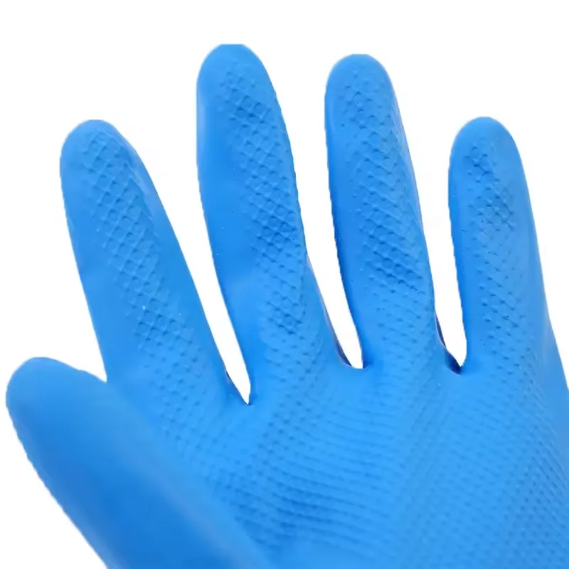 Bi-Color Double Color Blue & Yellow Household Latex Gloves Luvas Guantes Dip Flock Liner Fishscale Grip Roll Cuff.guantes Largos2