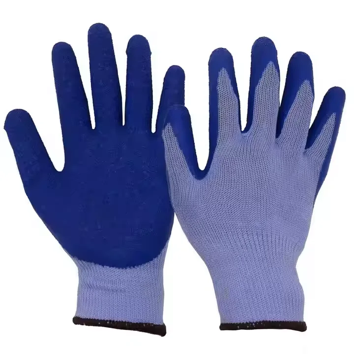 PRI Mayoreo Guantes de trabajo baratos de poliéster y látex azul con recubrimiento arrugado