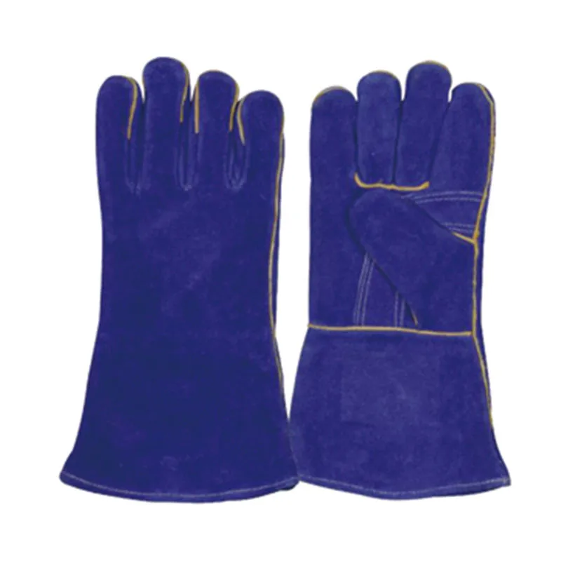 Guantes de soldadura de trabajo de piel partida de vaca azul resistente al calor1