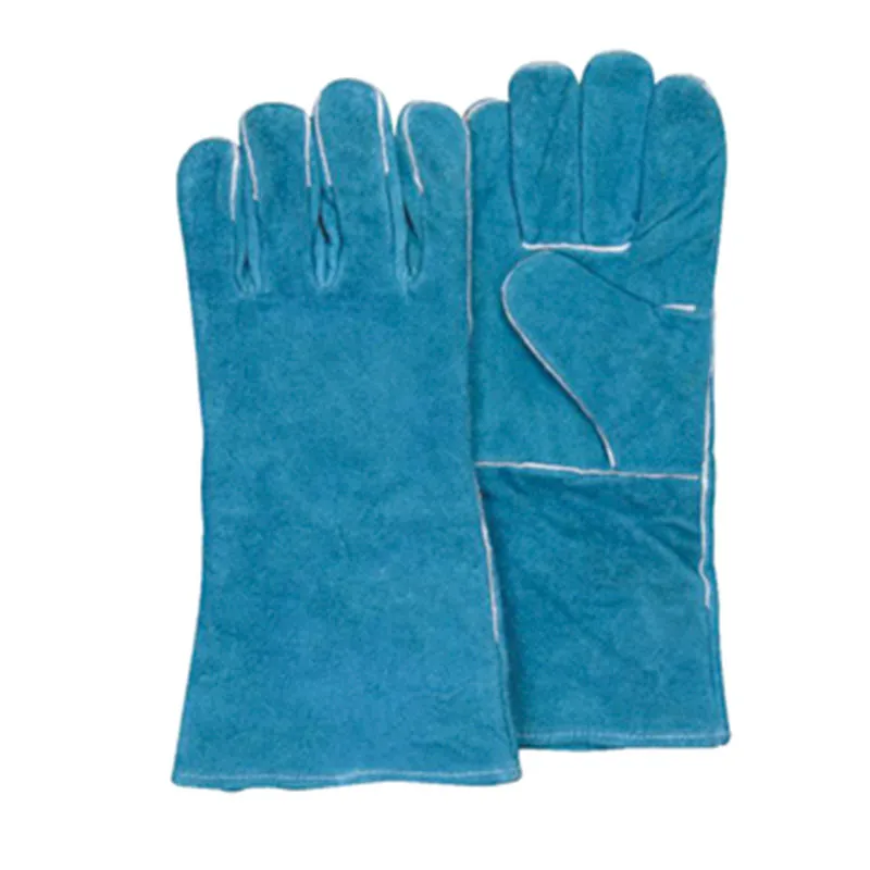 Guantes de soldadura de trabajo de piel partida de vaca azul resistente al calor2