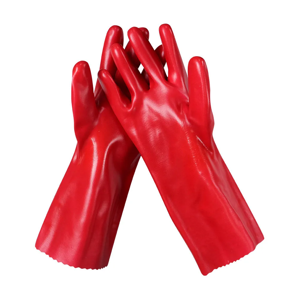 Luvas de Trabalho de Segurança em PVC Vermelho com Manga Longa, Resistente a Ácido, Óleo e Produtos Químicos, com Aderência por Dupla Imersão - Atacado