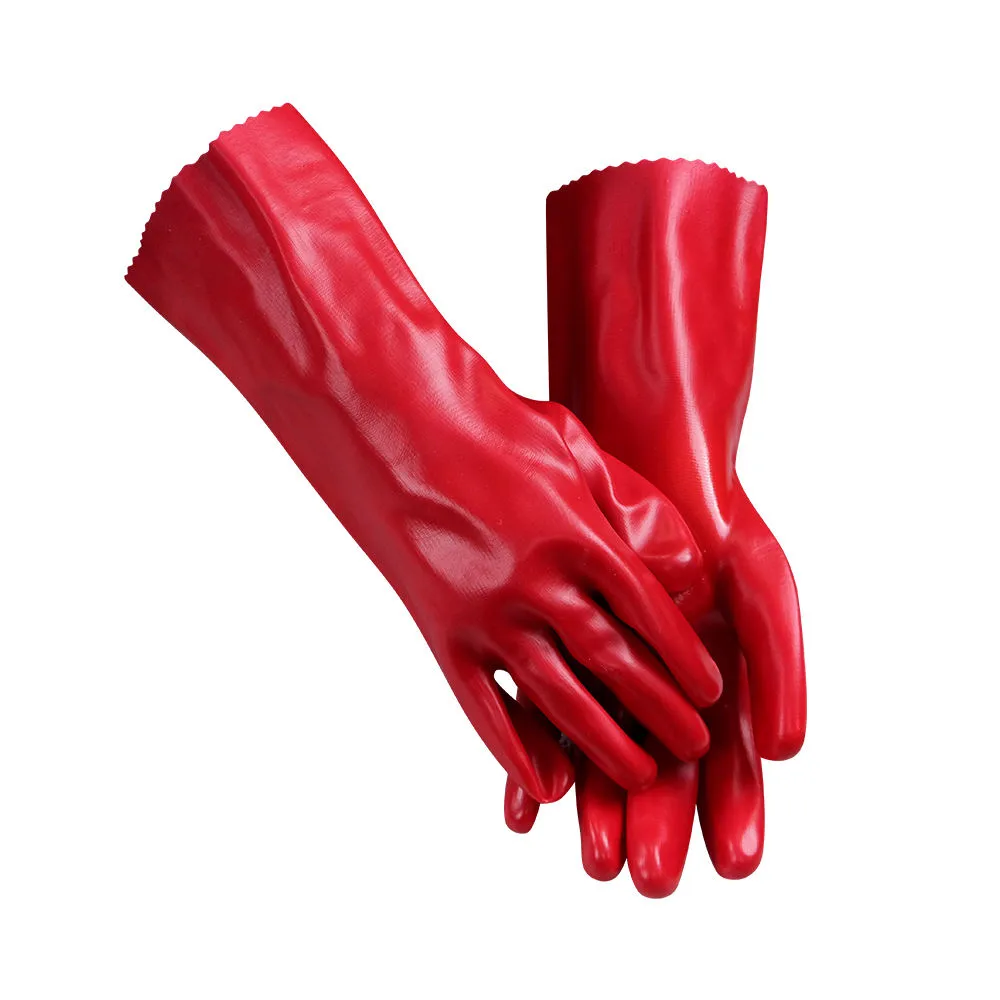 Luvas de Trabalho de Segurança em PVC Vermelho com Manga Longa, Resistente a Ácido, Óleo e Produtos Químicos, com Aderência por Dupla Imersão - Atacado1