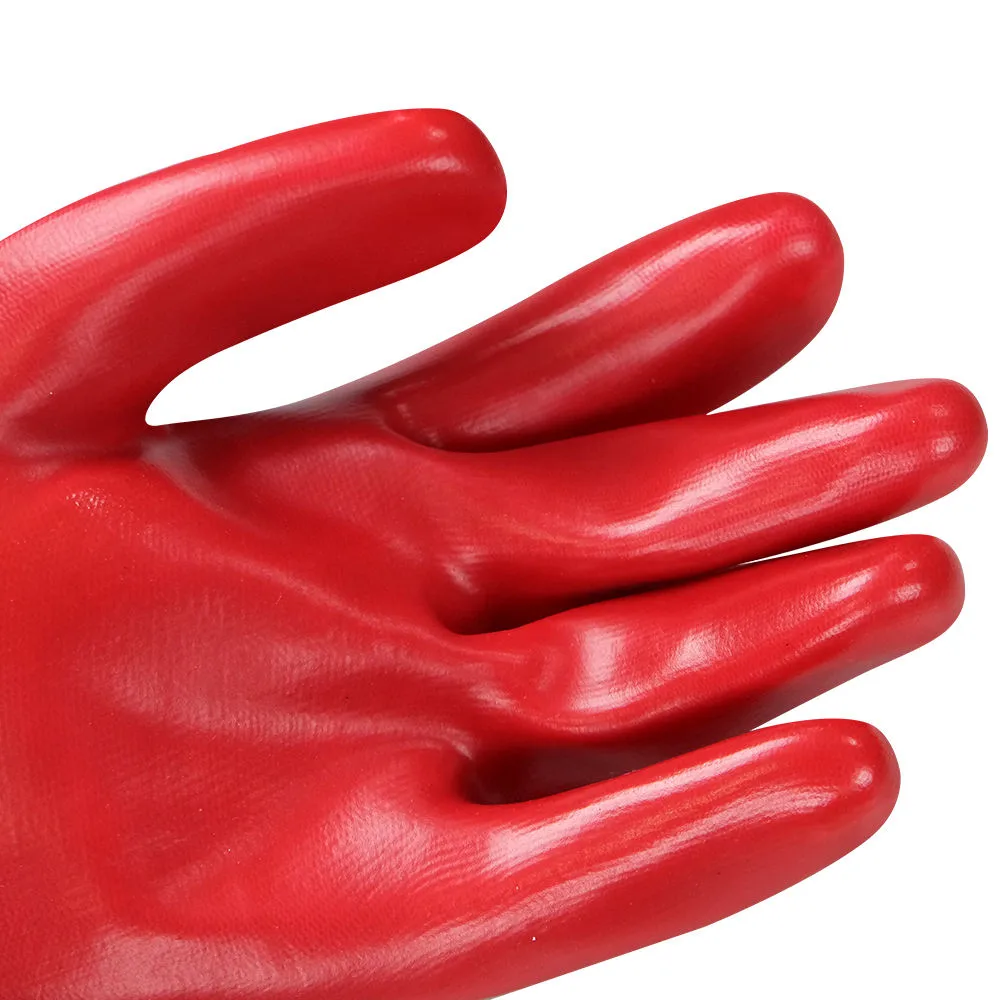 Luvas de Trabalho de Segurança em PVC Vermelho com Manga Longa, Resistente a Ácido, Óleo e Produtos Químicos, com Aderência por Dupla Imersão - Atacado2